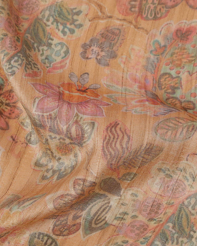 Peach Orange Base with Multi-Colored Paisley and Floral Printed Viscose Tussar Fabric with Subtle Self Stripes, 110 Cms Width, Made in India-D24356
