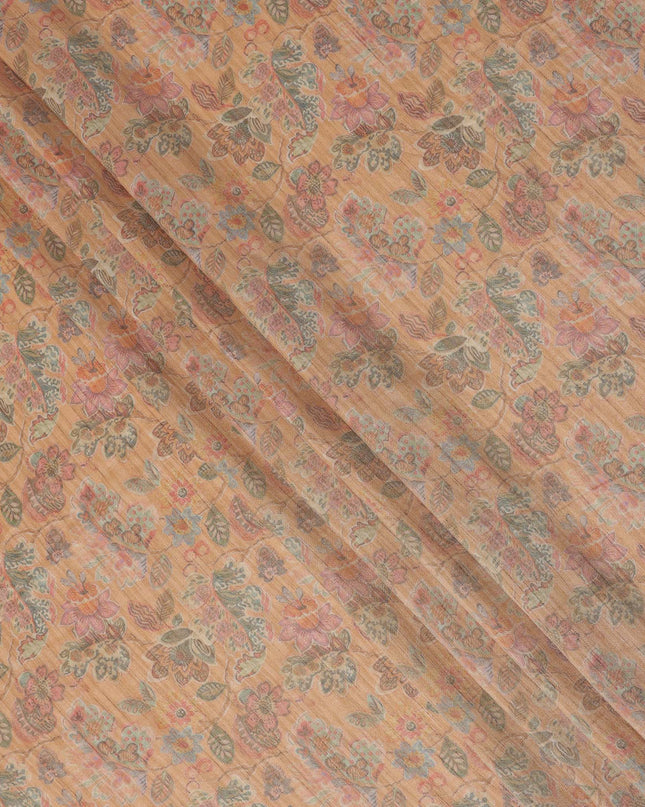 Peach Orange Base with Multi-Colored Paisley and Floral Printed Viscose Tussar Fabric with Subtle Self Stripes, 110 Cms Width, Made in India-D24356