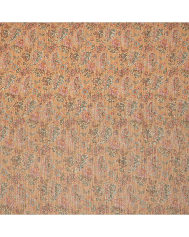 Peach Orange Base with Multi-Colored Paisley and Floral Printed Viscose Tussar Fabric with Subtle Self Stripes, 110 Cms Width, Made in India-D24356