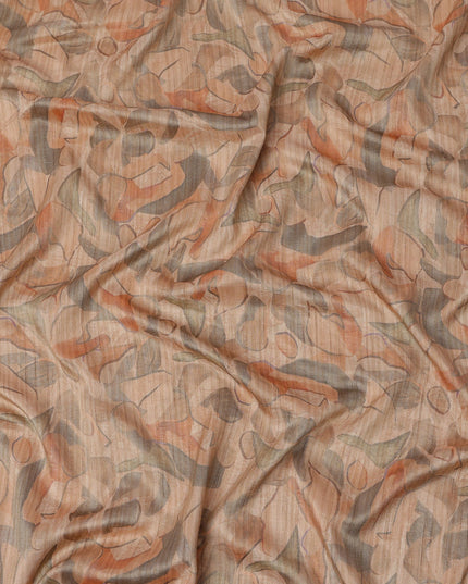 Peach Base Abstract Multi-Colored Artistic Printed Viscose Tussar Fabric with Vertical Self Stripes, 110 Cms Width, Made in India-D24357