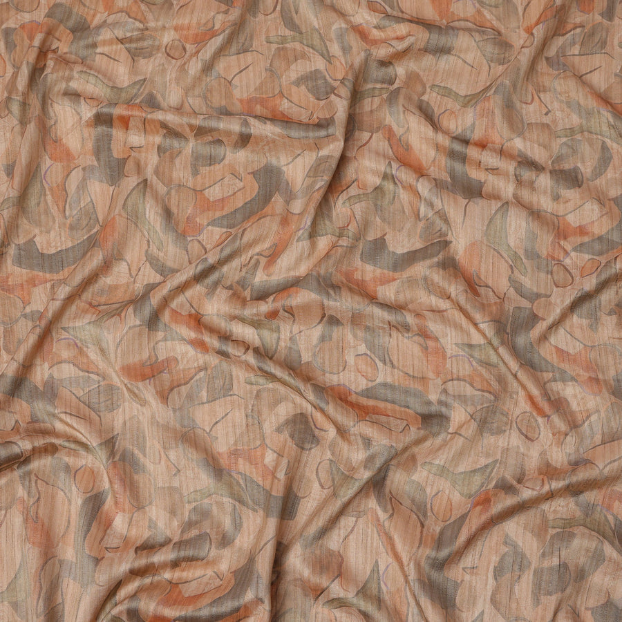 Peach Base Abstract Multi-Colored Artistic Printed Viscose Tussar Fabric with Vertical Self Stripes, 110 Cms Width, Made in India-D24357