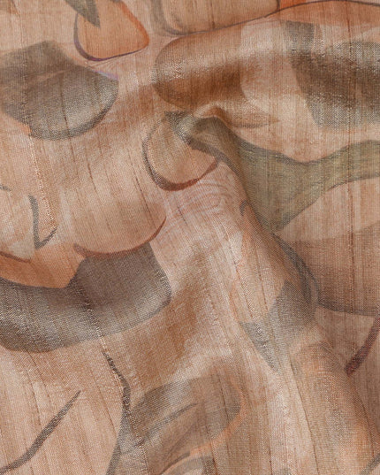Peach Base Abstract Multi-Colored Artistic Printed Viscose Tussar Fabric with Vertical Self Stripes, 110 Cms Width, Made in India-D24357