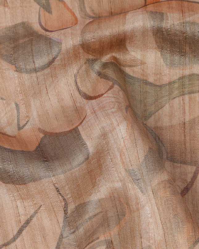 Peach Base Abstract Multi-Colored Artistic Printed Viscose Tussar Fabric with Vertical Self Stripes, 110 Cms Width, Made in India-D24357