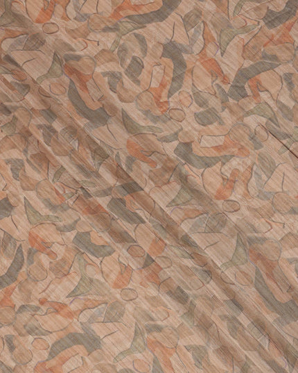 Peach Base Abstract Multi-Colored Artistic Printed Viscose Tussar Fabric with Vertical Self Stripes, 110 Cms Width, Made in India-D24357