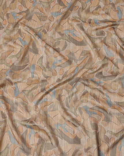 Beige Base Abstract Blue Olive Multi-Colored Artistic Printed Viscose Tussar Fabric with Self Textured Stripes, 110 Cms Width, Made in India-D24358