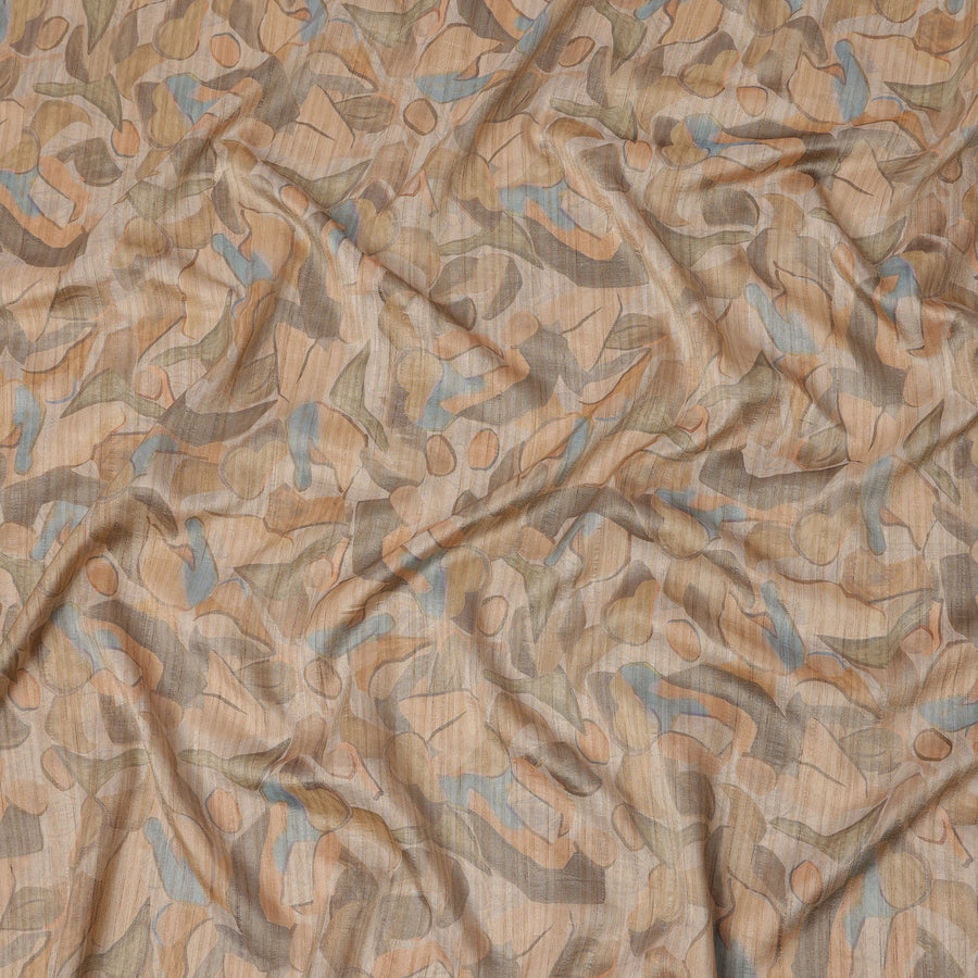 Beige Base Abstract Blue Olive Multi-Colored Artistic Printed Viscose Tussar Fabric with Self Textured Stripes, 110 Cms Width, Made in India-D24358
