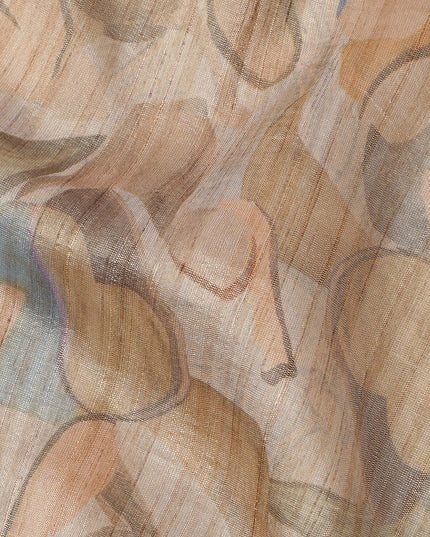 Beige Base Abstract Blue Olive Multi-Colored Artistic Printed Viscose Tussar Fabric with Self Textured Stripes, 110 Cms Width, Made in India-D24358