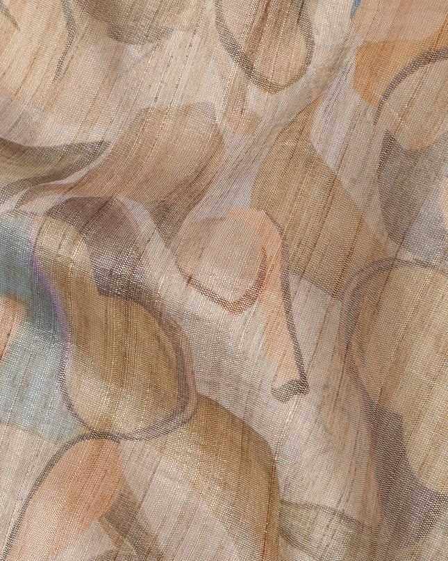 Beige Base Abstract Blue Olive Multi-Colored Artistic Printed Viscose Tussar Fabric with Self Textured Stripes, 110 Cms Width, Made in India-D24358