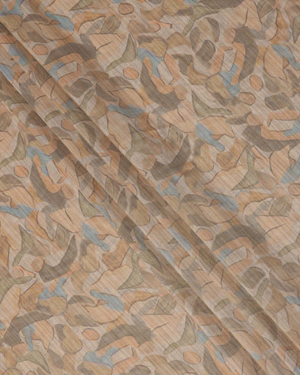 Beige Base Abstract Blue Olive Multi-Colored Artistic Printed Viscose Tussar Fabric with Self Textured Stripes, 110 Cms Width, Made in India-D24358