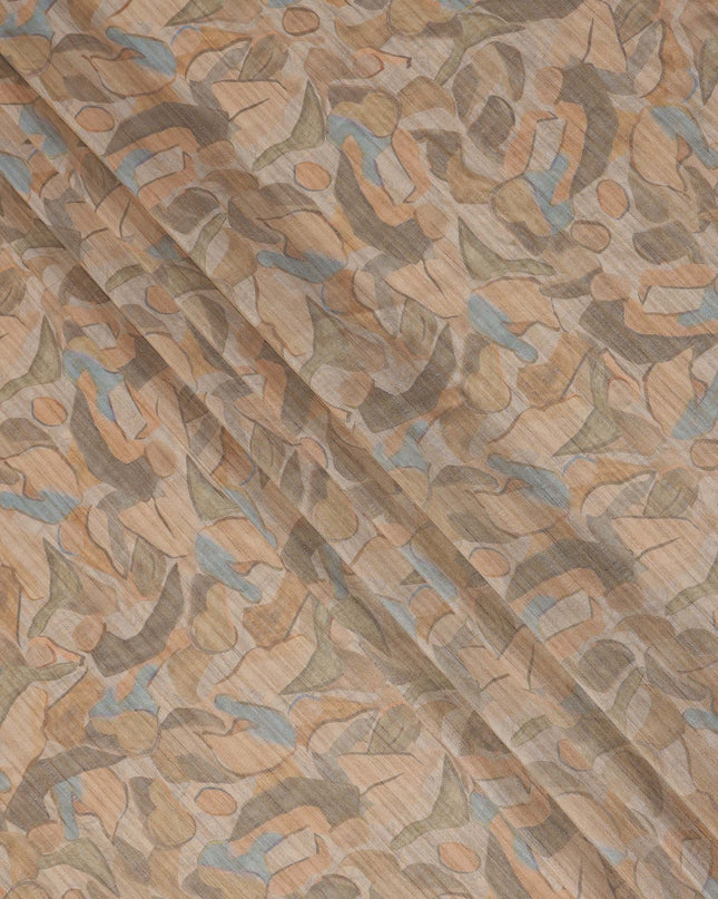 Beige Base Abstract Blue Olive Multi-Colored Artistic Printed Viscose Tussar Fabric with Self Textured Stripes, 110 Cms Width, Made in India-D24358