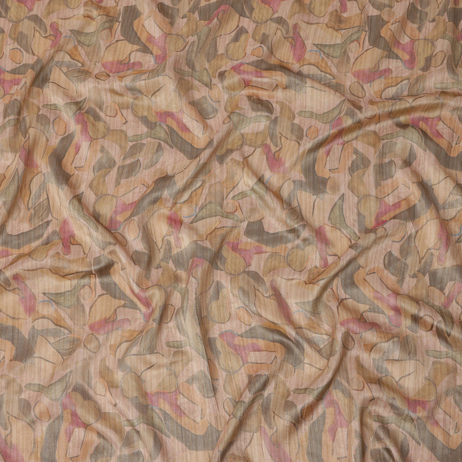 Blush Beige Base Abstract Pink Olive and Charcoal Printed Artistic Viscose Tussar Fabric with Subtle Self Stripes, 110 Cms Width, Made in India-D24359