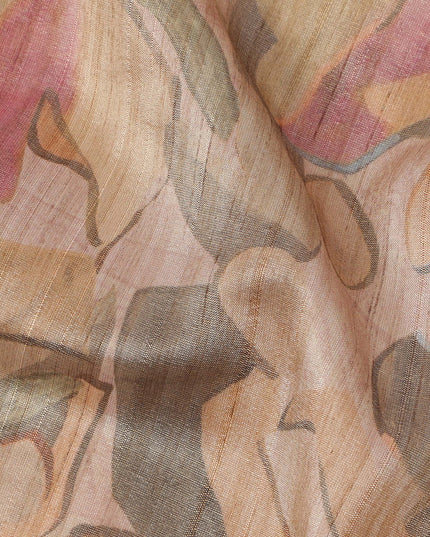 Blush Beige Base Abstract Pink Olive and Charcoal Printed Artistic Viscose Tussar Fabric with Subtle Self Stripes, 110 Cms Width, Made in India-D24359