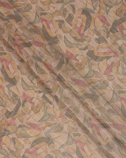 Blush Beige Base Abstract Pink Olive and Charcoal Printed Artistic Viscose Tussar Fabric with Subtle Self Stripes, 110 Cms Width, Made in India-D24359