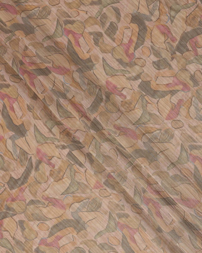 Blush Beige Base Abstract Pink Olive and Charcoal Printed Artistic Viscose Tussar Fabric with Subtle Self Stripes, 110 Cms Width, Made in India-D24359