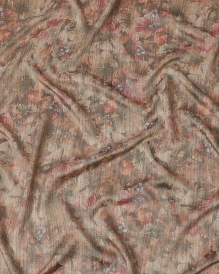 Warm Brown Base Multicolor Faded Floral Printed Viscose Tussar Fabric with Textured Self Stripes, 110 Cms Width, Made in India-D24360