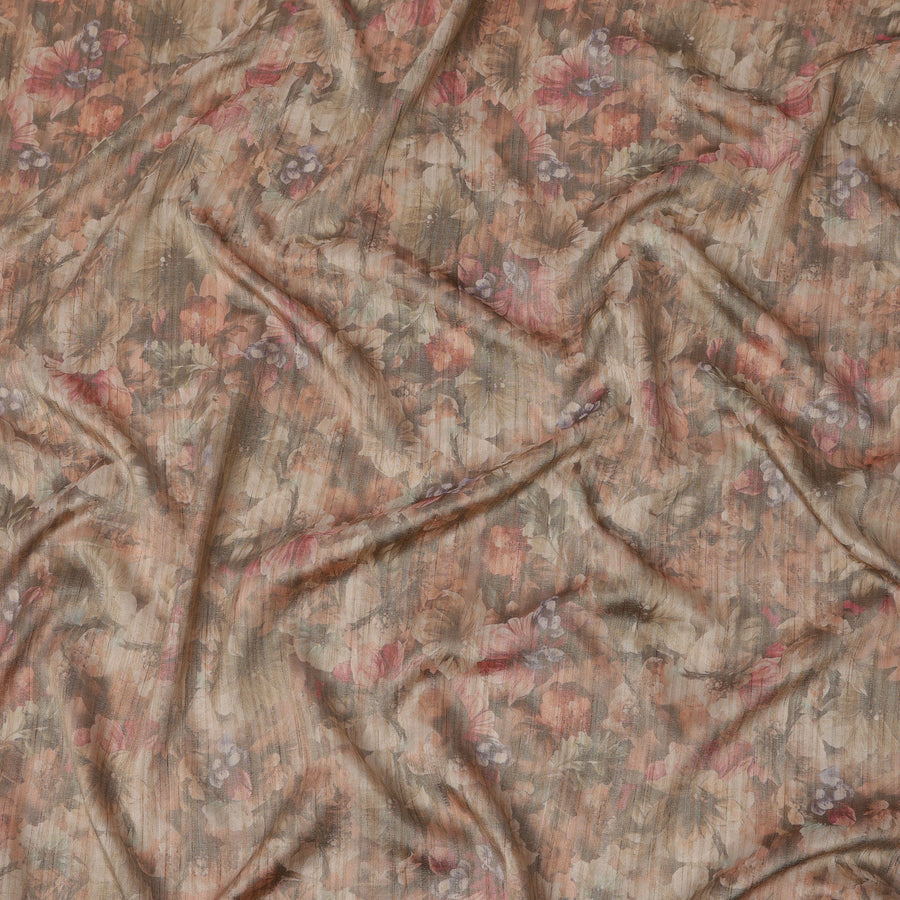 Warm Brown Base Multicolor Faded Floral Printed Viscose Tussar Fabric with Textured Self Stripes, 110 Cms Width, Made in India-D24360
