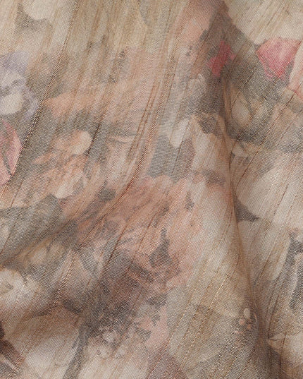 Warm Brown Base Multicolor Faded Floral Printed Viscose Tussar Fabric with Textured Self Stripes, 110 Cms Width, Made in India-D24360