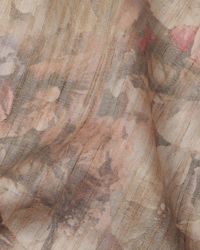 Warm Brown Base Multicolor Faded Floral Printed Viscose Tussar Fabric with Textured Self Stripes, 110 Cms Width, Made in India-D24360
