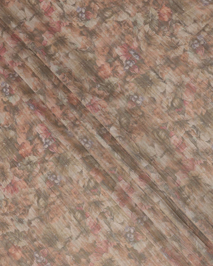 Warm Brown Base Multicolor Faded Floral Printed Viscose Tussar Fabric with Textured Self Stripes, 110 Cms Width, Made in India-D24360