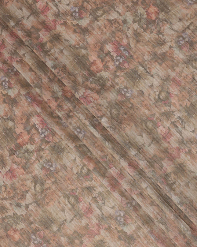 Warm Brown Base Multicolor Faded Floral Printed Viscose Tussar Fabric with Textured Self Stripes, 110 Cms Width, Made in India-D24360