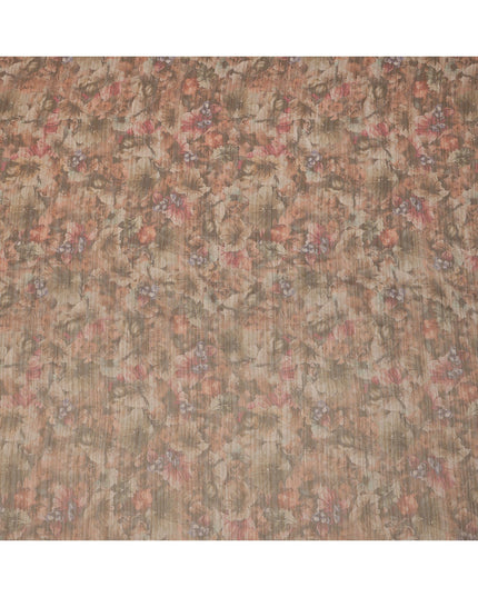 Warm Brown Base Multicolor Faded Floral Printed Viscose Tussar Fabric with Textured Self Stripes, 110 Cms Width, Made in India-D24360