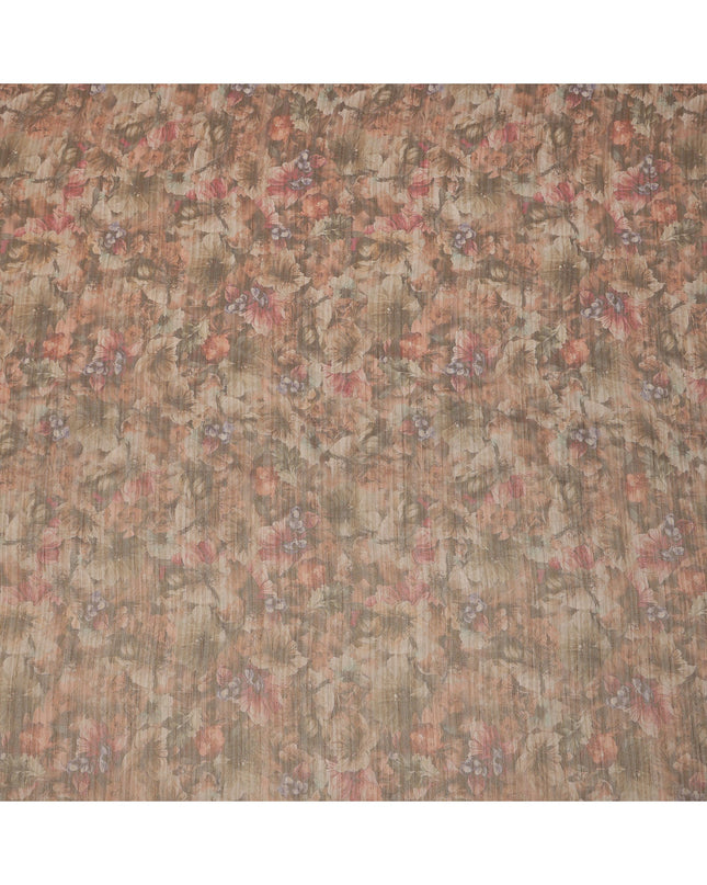 Warm Brown Base Multicolor Faded Floral Printed Viscose Tussar Fabric with Textured Self Stripes, 110 Cms Width, Made in India-D24360