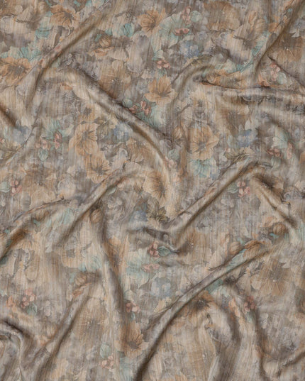 Muted Grey Base Multicolor Watercolor Floral Printed Viscose Tussar Fabric with Subtle Self Stripes, 110 Cms Width, Made in India-D24361