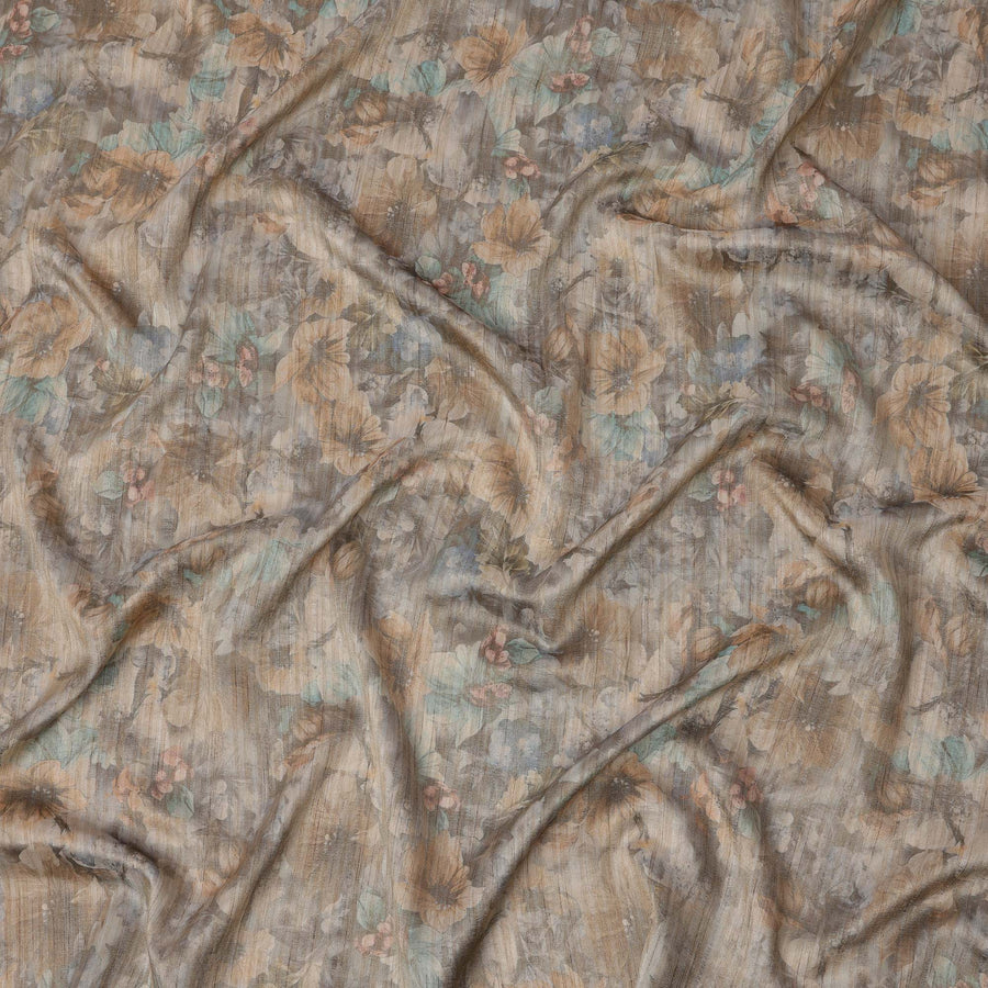 Muted Grey Base Multicolor Watercolor Floral Printed Viscose Tussar Fabric with Subtle Self Stripes, 110 Cms Width, Made in India-D24361