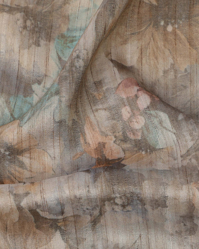 Muted Grey Base Multicolor Watercolor Floral Printed Viscose Tussar Fabric with Subtle Self Stripes, 110 Cms Width, Made in India-D24361