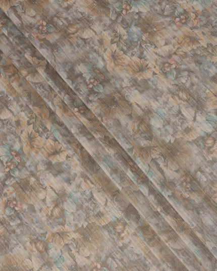 Muted Grey Base Multicolor Watercolor Floral Printed Viscose Tussar Fabric with Subtle Self Stripes, 110 Cms Width, Made in India-D24361