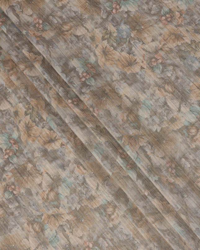 Muted Grey Base Multicolor Watercolor Floral Printed Viscose Tussar Fabric with Subtle Self Stripes, 110 Cms Width, Made in India-D24361