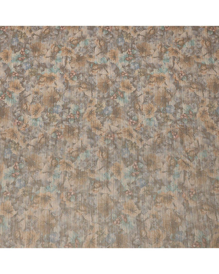 Muted Grey Base Multicolor Watercolor Floral Printed Viscose Tussar Fabric with Subtle Self Stripes, 110 Cms Width, Made in India-D24361