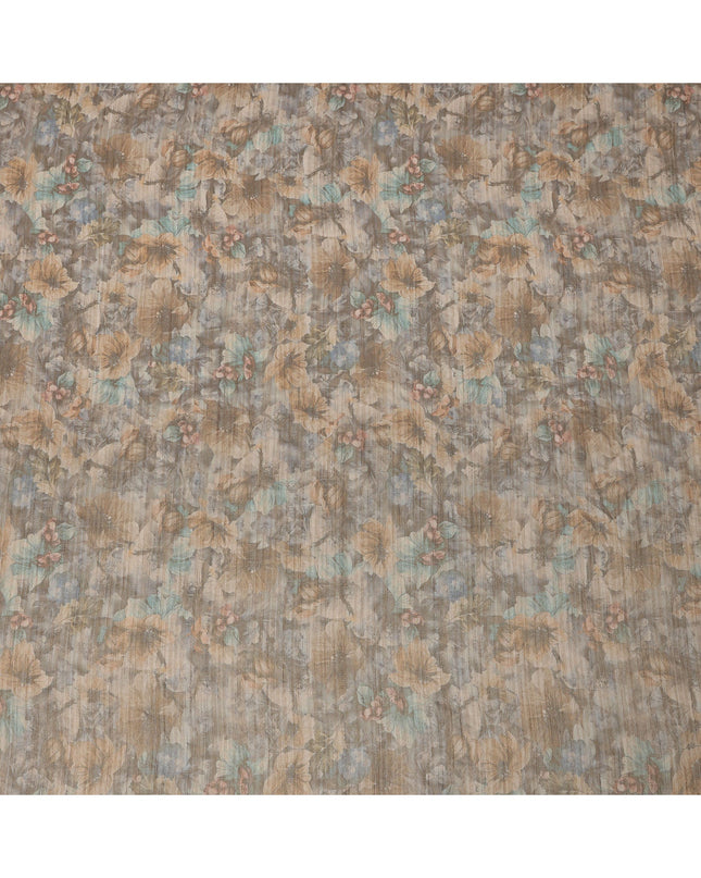 Muted Grey Base Multicolor Watercolor Floral Printed Viscose Tussar Fabric with Subtle Self Stripes, 110 Cms Width, Made in India-D24361