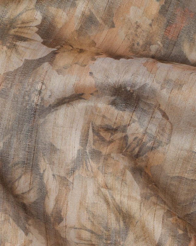 Warm Earth Brown Multicolor Vintage Floral Printed Viscose Tussar Fabric with Subtle Self Stripes, 110 Cms Width, Made in India-D24362