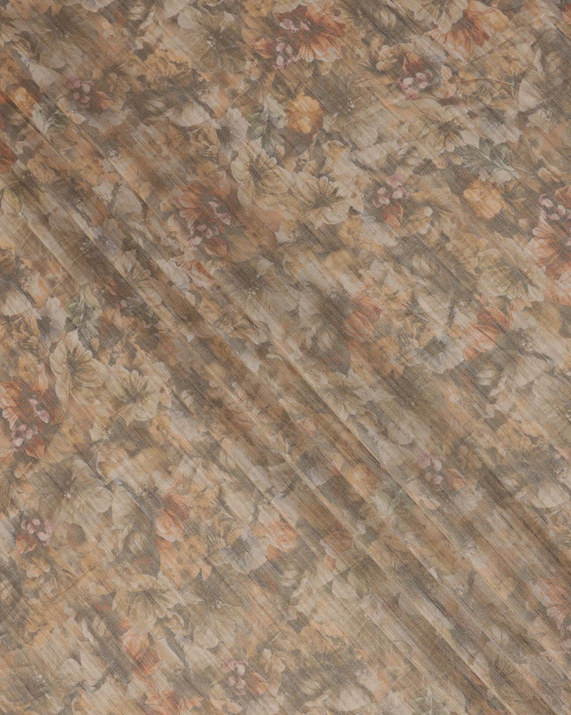 Warm Earth Brown Multicolor Vintage Floral Printed Viscose Tussar Fabric with Subtle Self Stripes, 110 Cms Width, Made in India-D24362