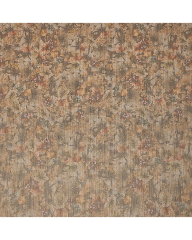Warm Earth Brown Multicolor Vintage Floral Printed Viscose Tussar Fabric with Subtle Self Stripes, 110 Cms Width, Made in India-D24362