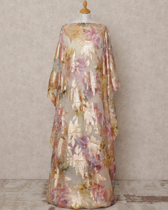 Cream Multi Floral Metallic Lurex Somali Silk Chiffon Dirac Fabric – 3.5 Meters, Width 140 cm, Made in South Korea-D24764