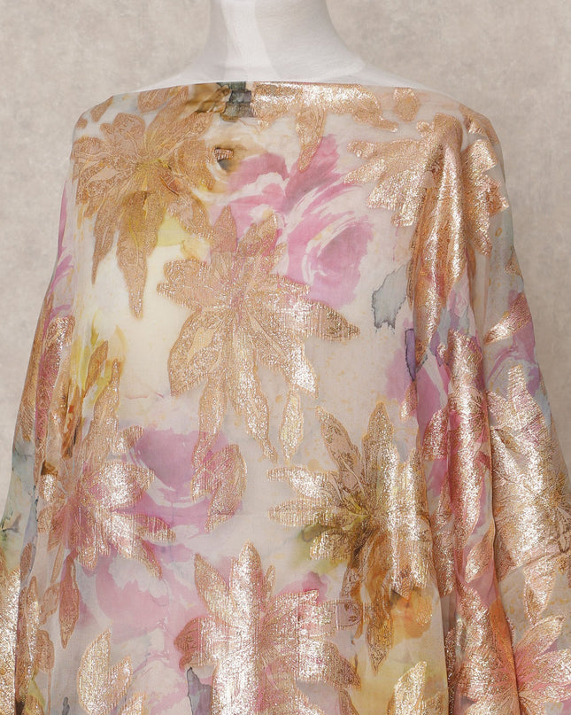 Cream Multi Floral Metallic Lurex Somali Silk Chiffon Dirac Fabric – 3.5 Meters, Width 140 cm, Made in South Korea-D24764