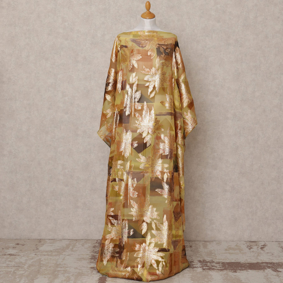 Golden Brown Floral Metallic Lurex Somali Silk Chiffon Dirac Fabric – 3.5 Meters, Width 140 cm, Made in South Korea-D24766