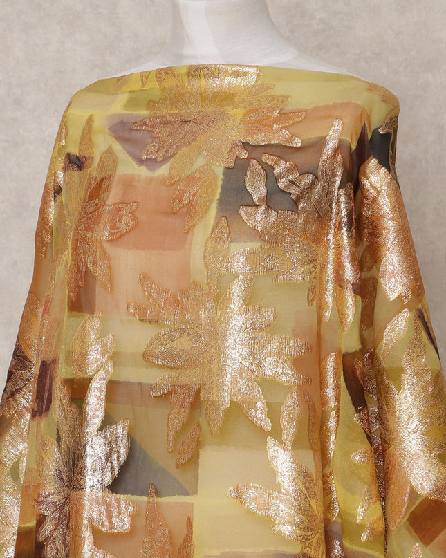 Golden Brown Floral Metallic Lurex Somali Silk Chiffon Dirac Fabric – 3.5 Meters, Width 140 cm, Made in South Korea-D24766