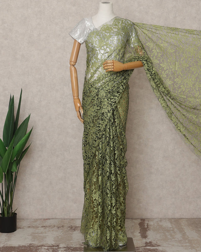 Olive Green Premium 2-Tone French Chantilly Lace Saree Fabric 5.5 Mtrs with 110 Cms Width – Imported from France-D25643