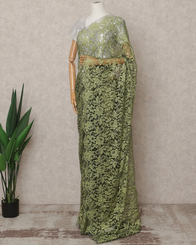 Olive Green Premium 2-Tone French Chantilly Lace Saree Fabric 5.5 Mtrs with 110 Cms Width – Imported from France-D25643