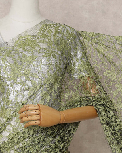 Olive Green Premium 2-Tone French Chantilly Lace Saree Fabric 5.5 Mtrs with 110 Cms Width – Imported from France-D25643