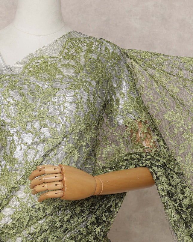 Olive Green Premium 2-Tone French Chantilly Lace Saree Fabric 5.5 Mtrs with 110 Cms Width – Imported from France-D25643