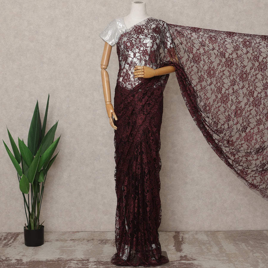 Maroon Premium 2-Tone French Chantilly Lace Saree Fabric 5.5 Mtrs with 110 Cms Width – Imported from France-D25655
