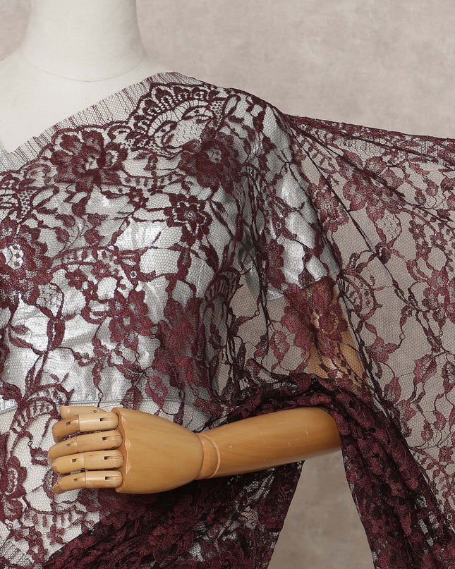 Maroon Premium 2-Tone French Chantilly Lace Saree Fabric 5.5 Mtrs with 110 Cms Width – Imported from France-D25655