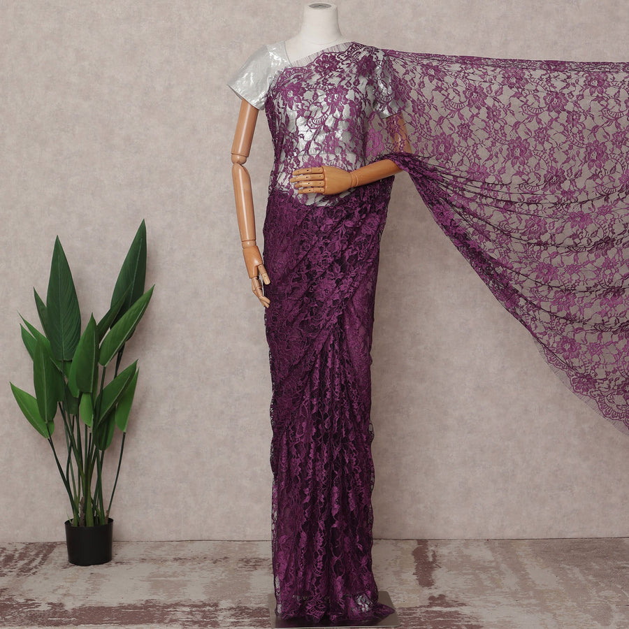 Plum Premium 2-Tone French Chantilly Lace Saree Fabric 5.5 Mtrs with 110 Cms Width – Imported from France-D25665
