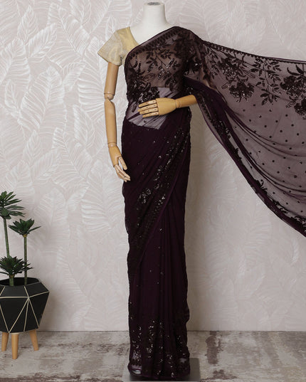 Elegant Deep Plum Silk Chiffon Saree with Intricate Embroidery-110 cm Width, 5.5 Meters-D19473