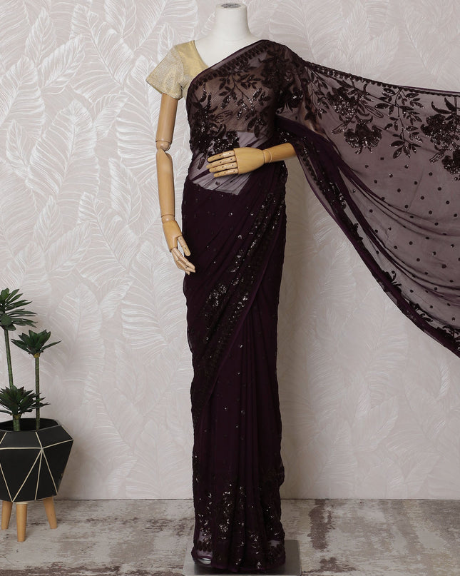 Elegant Deep Plum Silk Chiffon Saree with Intricate Embroidery-110 cm Width, 5.5 Meters-D19473