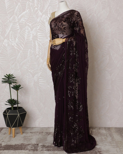 Elegant Deep Plum Silk Chiffon Saree with Intricate Embroidery-110 cm Width, 5.5 Meters-D19473